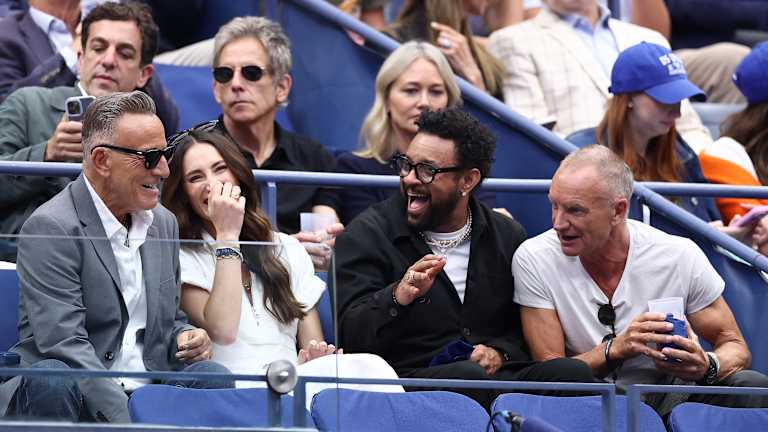 The Boss was holding court in a star-studded section including Sting (right), Shaggy (center), and Ben Stiller (back row).