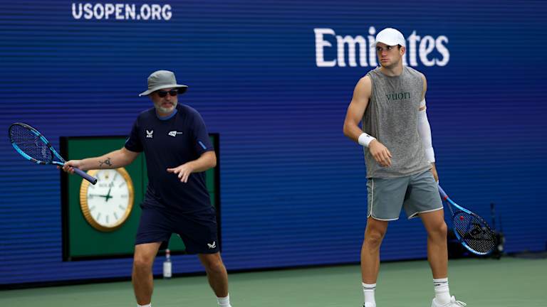 Jack Draper with coach James Trotman during a practice session ahead of the US Open.