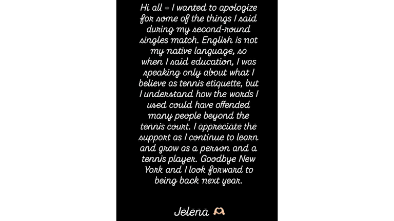 "I understand how the words I used could have offended many people beyond the tennis court," wrote Ostapenko, a former French Open champion (IG/@jelena.ostapenko).