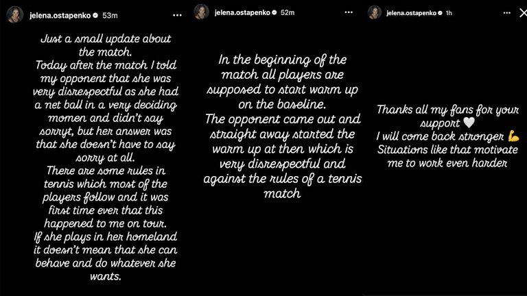 Ostapenko wrote a statement after the match on her Instagram stories, later posting an update to deny allegations that her outburst had racist undertones. (IG/@jelena.ostapenko).