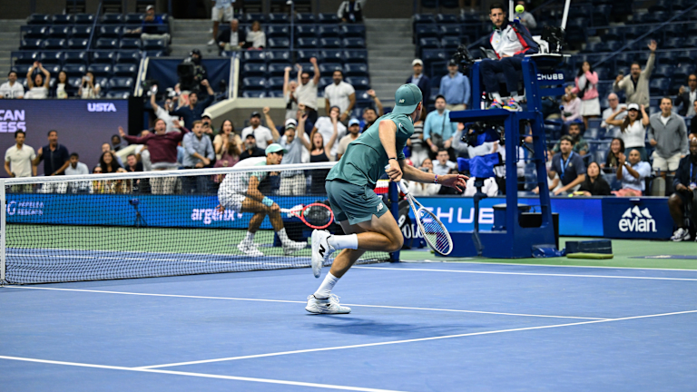 Paul did his best to stay alive, and Borges’ second volley clipped the tape and landed near the net. Again, Paul barreled forward and angled the ball back.